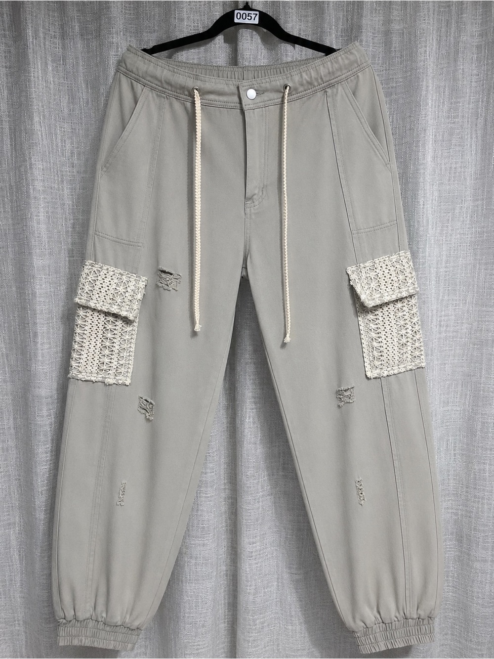 57🌟 POL Pale Gray Crochet Cargo Jogger Pants | Distressed Boho Utility | Small